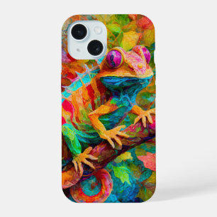 Coque iPhone 15 Neon Charlie Caméléon, Collage de la forêt tropica