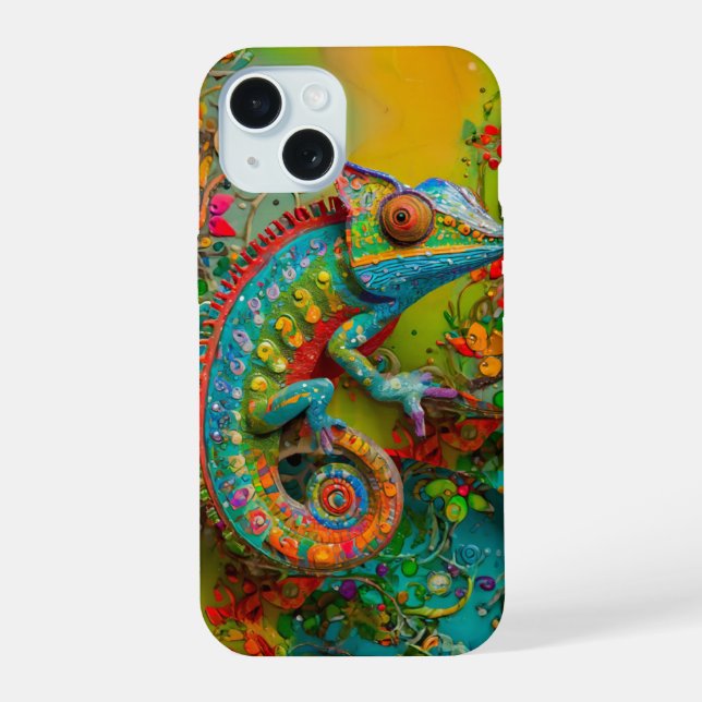 Coque iPhone 15 Neon Charlie Chameleon, Textile Rainforest Collage (Verso)