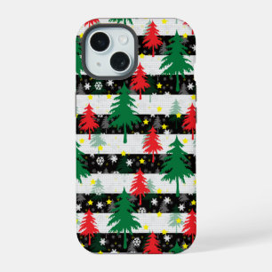 Coque iPhone 15 Noël Noir Blanc Neige Rayures Rouge Vert Arbres