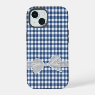 Coque iPhone 15 Nœud blanc sur vichy bleu marine