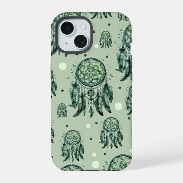 Coque iPhone 15 Nœud celtique attrape-rêves vert (Verso)