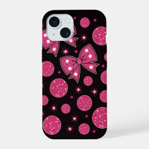 Coque iPhone 15 Nœuds Pailletés Rose Chaud & Points Chic