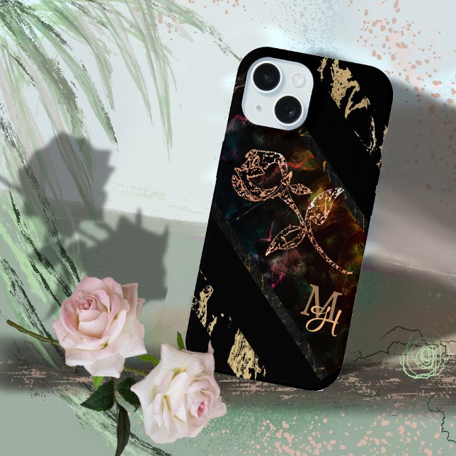 Coque iPhone 15 Noir avec Monogramme Rose (Black with Rose Monogram iPhone 15 Case)