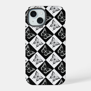 Coque iPhone 15 Noir blanc À damiers conception papillon