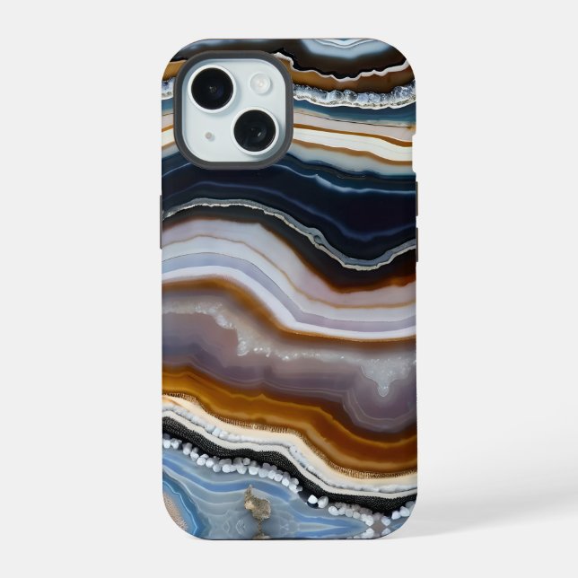 Coque iPhone 15 Noir Blanc Bleu Gris Terracotta Agate Géode (Verso)
