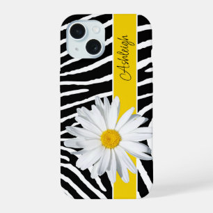 Coque iPhone 15 Noir, Blanc Zèbre Imprimer, Fleur Faisée