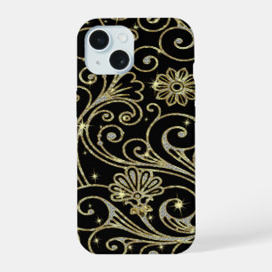 Coque iPhone 15 Noir et or paillettes et étincelles florales