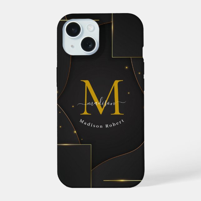 Coque iPhone 15 Noir Golden Luxe dégradé Script Monogram Funny (Verso)