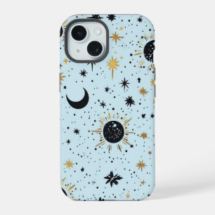 Coque iPhone 15 Noir, Or et Bleu Soleil Lune Étoiles Célestes