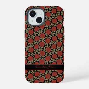 Coque iPhone 15 Noir Personnalisé Floral Rose Motif