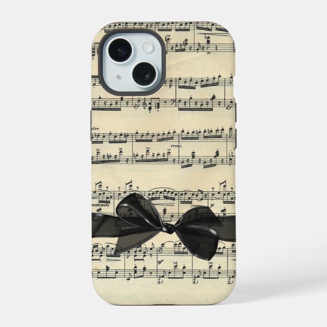 Coque iPhone 15 Noir ruban sur musique vintage (Verso)