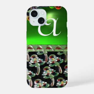 Coque iPhone 15 NOIR VERT ART NOUVEAU GEMME MONOGRAMME Émeraude