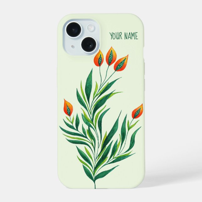 Coque iPhone 15 Nom botanique abstrait de plante verte aux bourgeo (Verso)
