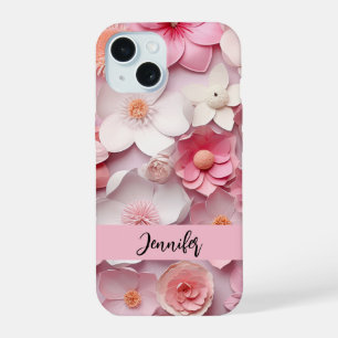 Coque iPhone 15 Nom de fleurs blanches roses écriture
