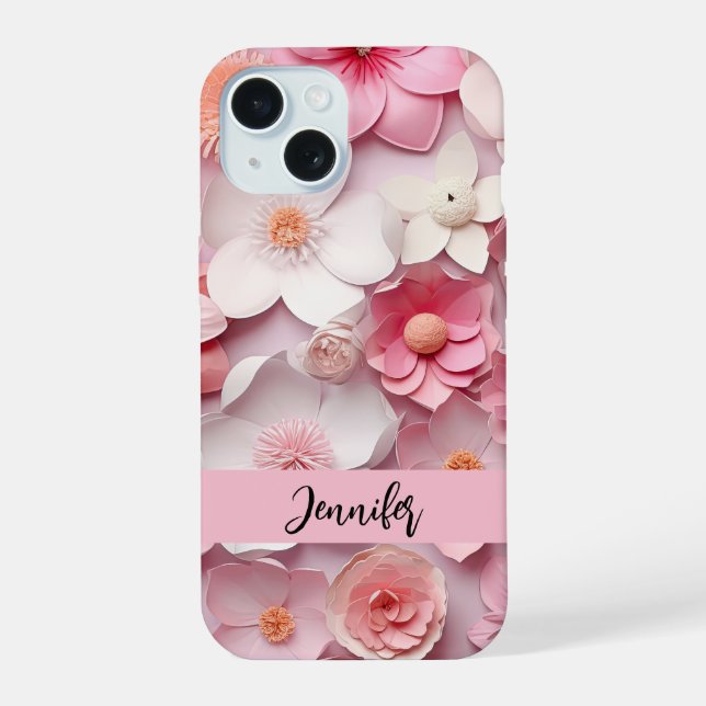 Coque iPhone 15 Nom de fleurs blanches roses écriture (Verso)