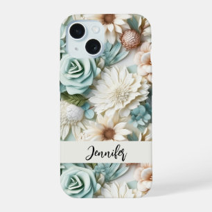 Coque iPhone 15 Nom de fleurs de crème verte poussiéreuse écriture