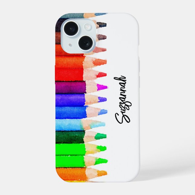 Coque iPhone 15 Nom de jeu Pencards couleur dans l'aquarelle perso (Verso)