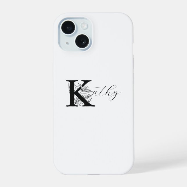 COQUE iPhone 15 NOM DE MONOGRAMME BLANC MODERNE AVEC K FLORAL INIT (Verso)