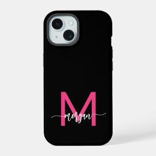 Coque iPhone 15 Nom de monogramme féminin écriture moderne rose ch