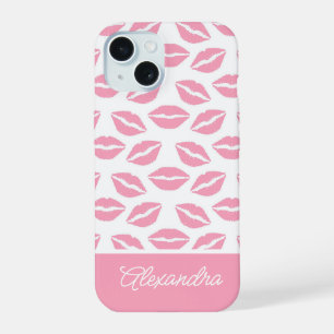 Coque iPhone 15 Nom de script Baisers de rouge à lèvres rose migno