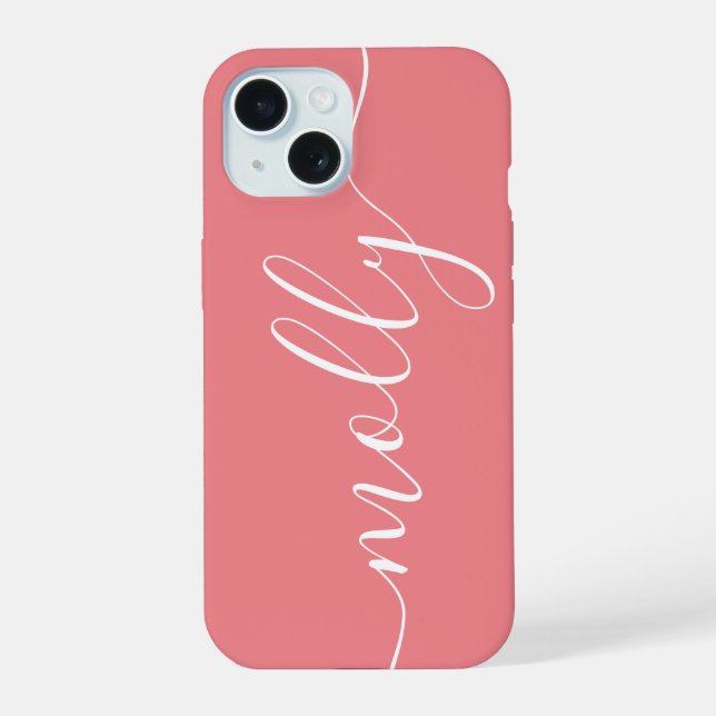 Coque iPhone 15 Nom de Script Calligraphique Rose Corail Tendance  (Verso)