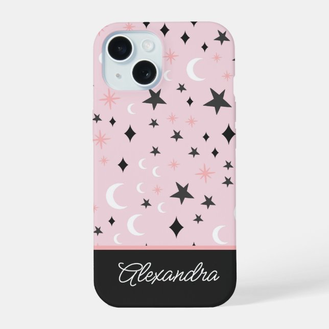 Coque iPhone 15 Nom de script Céleste Lune Étoiles Rose et Noir (Verso)