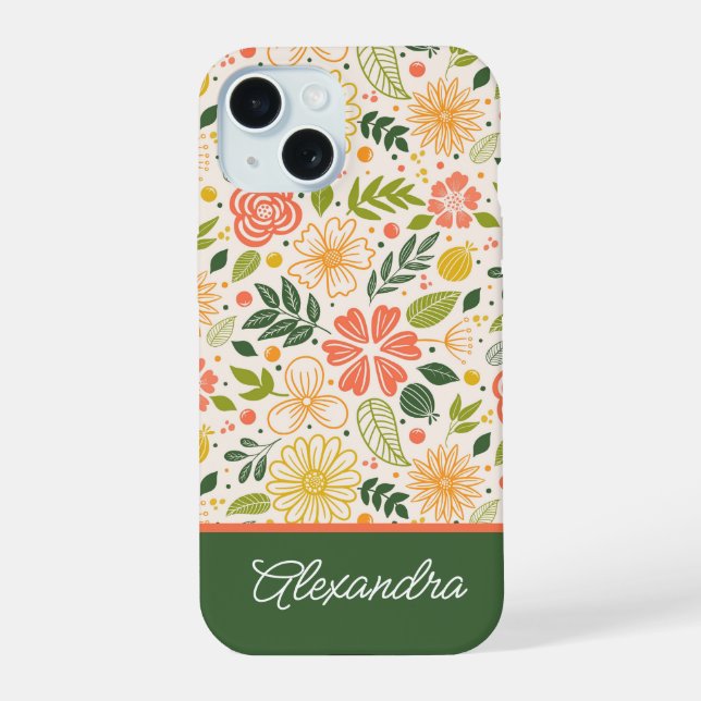 Coque iPhone 15 Nom de script de motif floral botanique mignon (Verso)