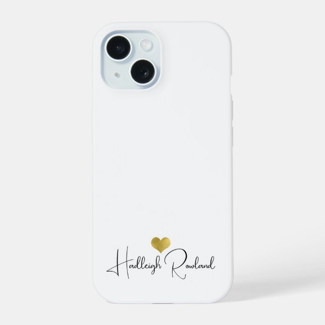 Coque iPhone 15 Nom de script Monogramme Cœur Doré (Verso)