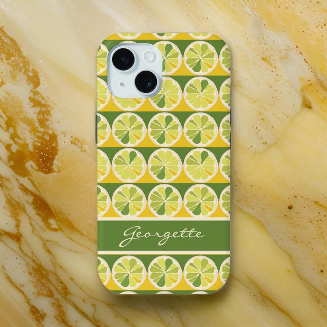 Coque iPhone 15 Nom du monogramme de citron vert jaune joueuse (Créateur téléchargé)