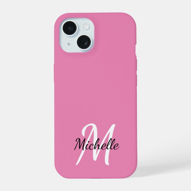 Coque iPhone 15 Nom du monogramme rose mignon de la fille + initia (Verso)