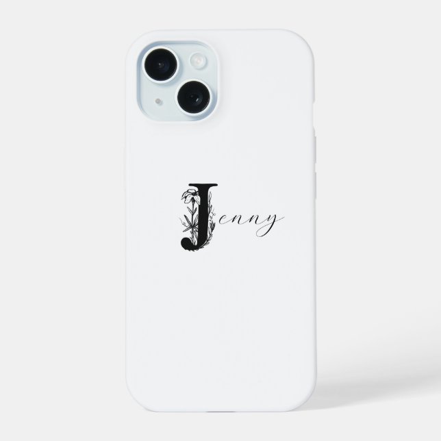 COQUE iPhone 15 NOM ÉLÉGANT EN MONOGRAMME BLANC AVEC INITIALE J FL (Verso)