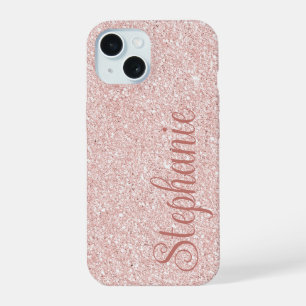 Coque iPhone 15 Nom en écriture cursive rose gold pailleté