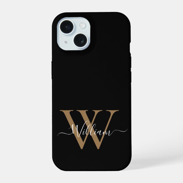 Coque iPhone 15 Nom en écriture monogramme moderne or noir (Verso)