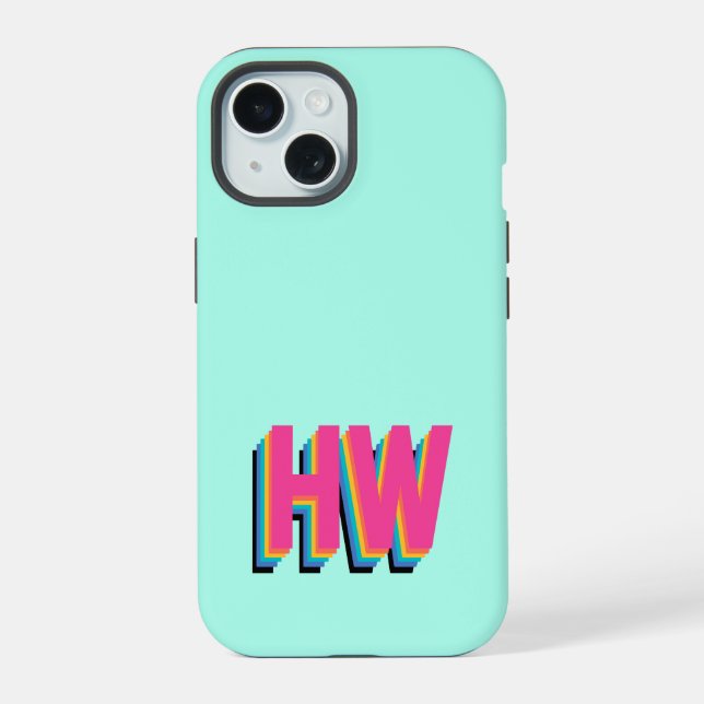 Coque iPhone 15 Nom initial préparatoire coloré  (Verso)