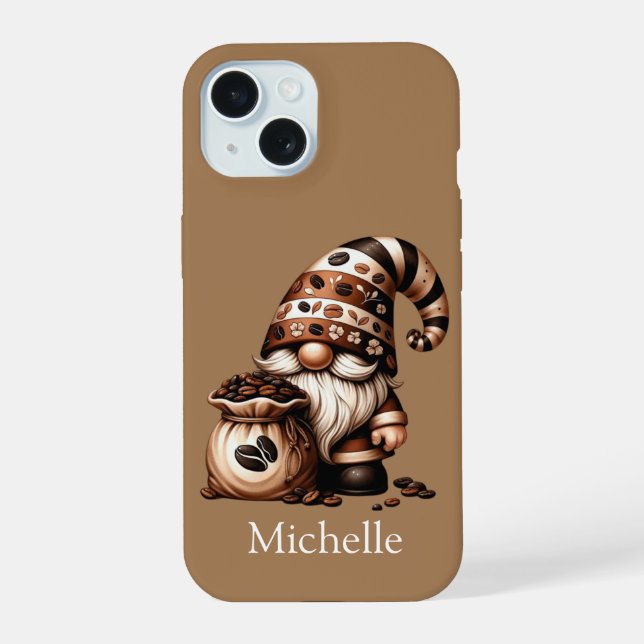 Coque iPhone 15 Nom initiales de monogramme Gnome de café Brun Bla (Verso)