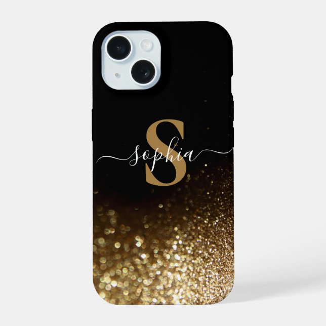 Coque iPhone 15 Nom monogrammé pailleté élégant (Verso)