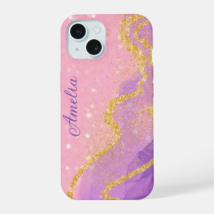 Coque iPhone 15 Nom monogrammé pailleté élégant