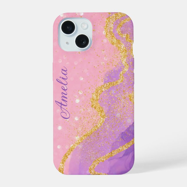 Coque iPhone 15 Nom monogrammé pailleté élégant (Verso)