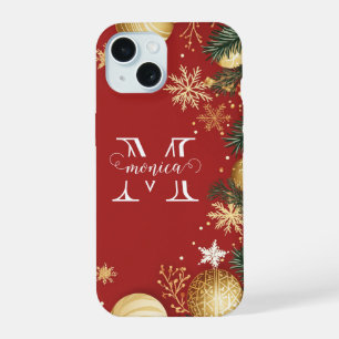 Coque iPhone 15 Nom Monogramme Personnalisé Or Rouge Noël Séparé