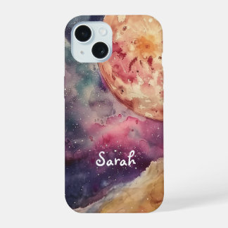 Coque iPhone 15 Nom personnalisé Aquarelle Cosmique Galaxie & Lune