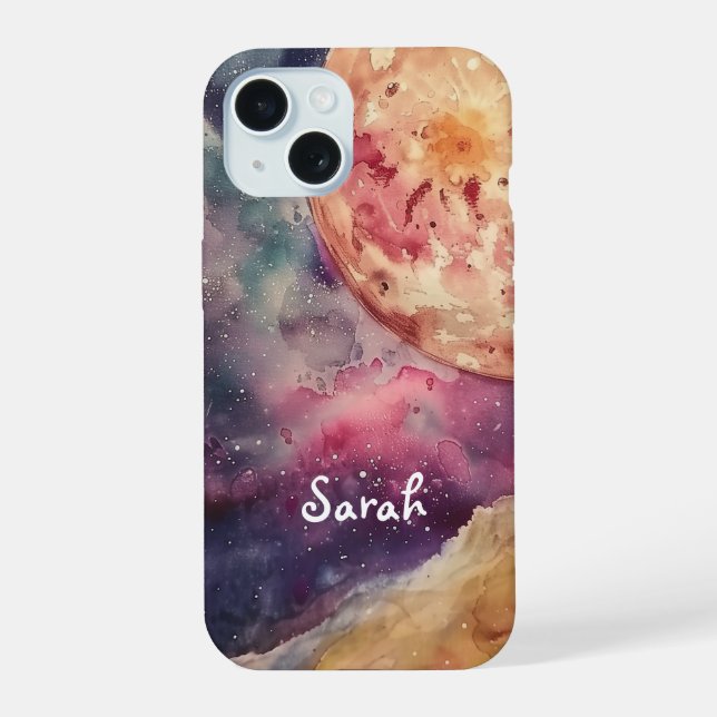 Coque iPhone 15 Nom personnalisé Aquarelle Cosmique Galaxie & Lune (Verso)