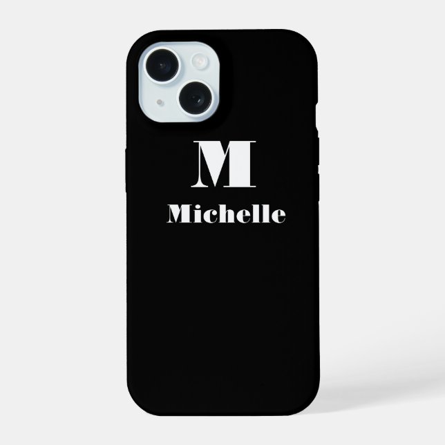 Coque iPhone 15 Nom personnalisé Couleur solide initiale Noir (Verso)