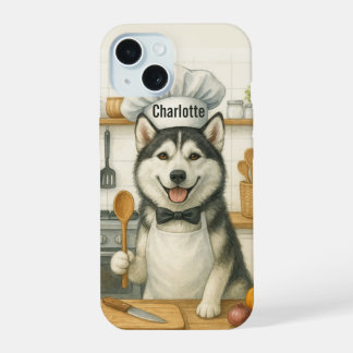 Coque iPhone 15 Nom personnalisé Drôle de Chef Chien Husky Sibérie