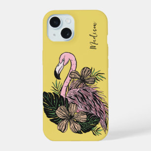 Coque iPhone 15 Nom personnalisé et couleur Flamant rose rose