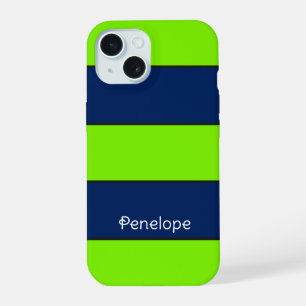 Coque iPhone 15 Nom personnalisé Lime Green Dark Blue Stripes