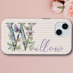 Coque iPhone 15 Nom personnalisé moderne Fleur papillon initiale V