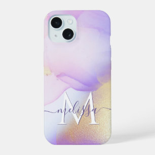Coque iPhone 15 Nom personnalisé Monogram Purple Aquarelle Luxe