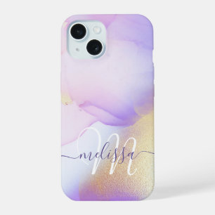 Coque iPhone 15 Nom personnalisé Monogram Purple Aquarelle Luxe