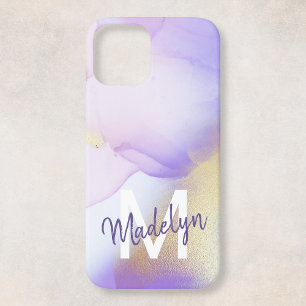 Coque iPhone 15 Nom personnalisé Monogram Purple Aquarelle Luxe