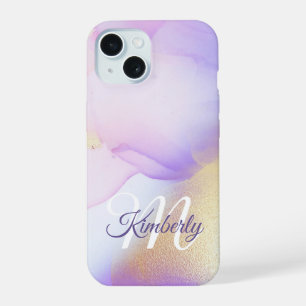 Coque iPhone 15 Nom personnalisé Monogram Purple Aquarelle Luxe